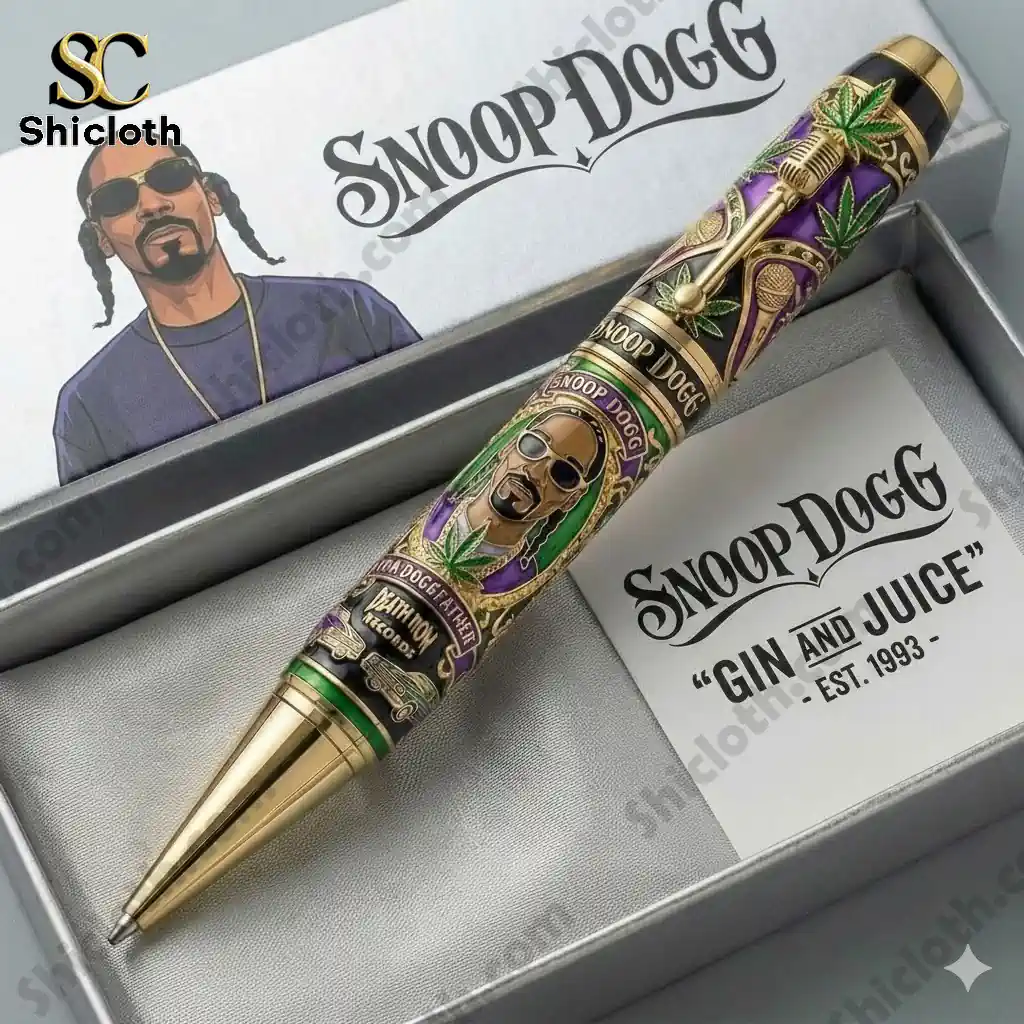 Close up of Snoop Dogg Gin and Juice commemorative pen in gift box