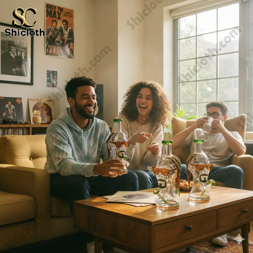 Friends sitting on a couch with Snoop Dogg Pounds Limited Edition Glass Water Pipe on a table