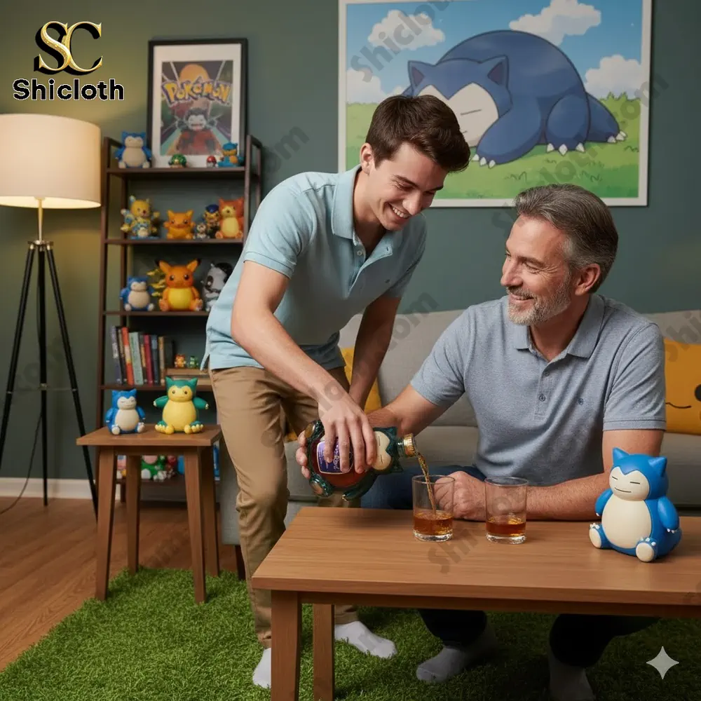 Man pouring whiskey from character themed bottle in living room!