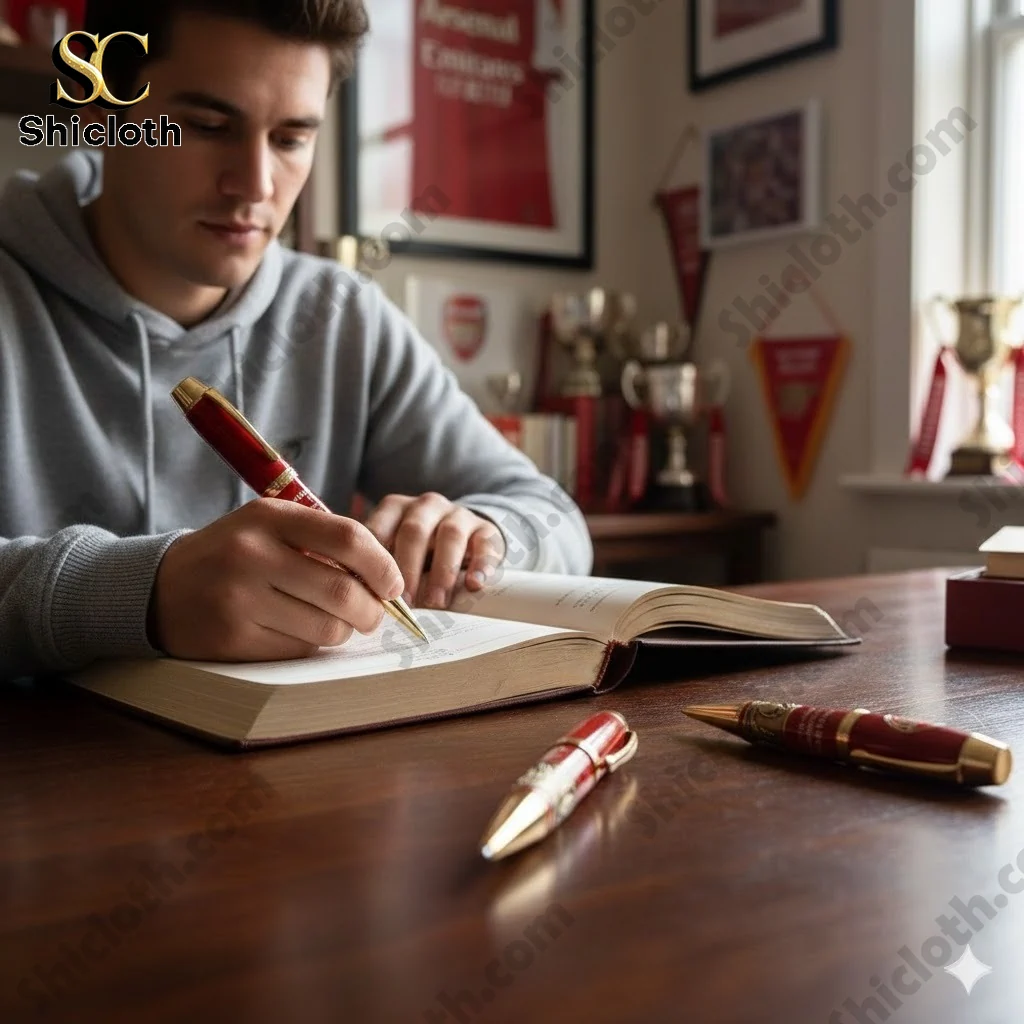 Man writing in a book with Arsenal anniversary ballpoint pen on wooden desk.