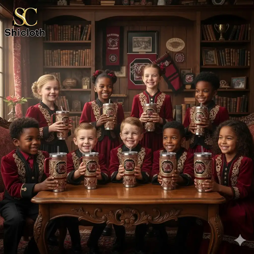 Oregon Ducks 131st Anniversary Tribute Tumbler 41 Kids holding South Carolina Gamecocks themed Yeti tumblers in a cozy library setting!