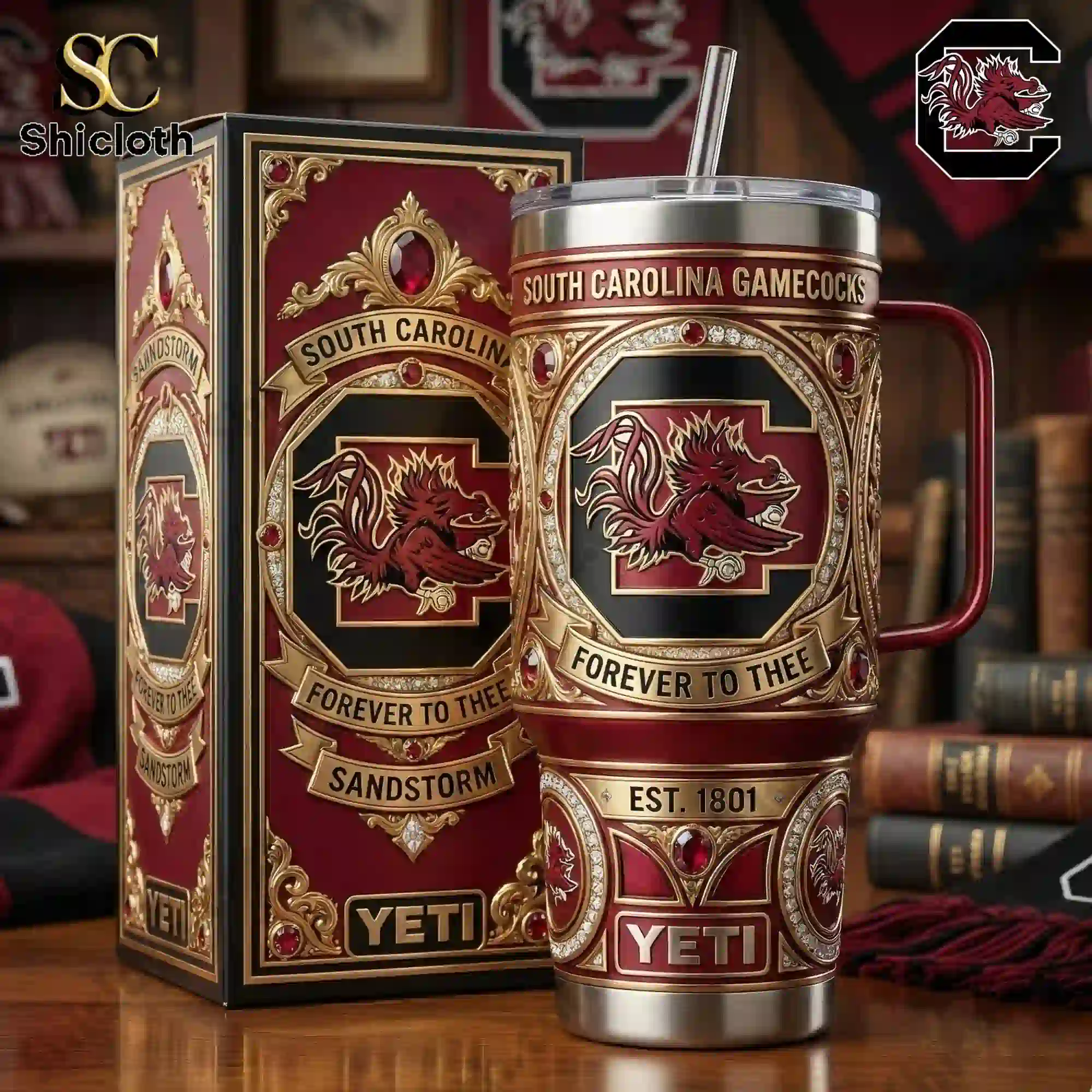 South Carolina Gamecocks Yeti tumbler with matching decorative gift box on a wooden table!