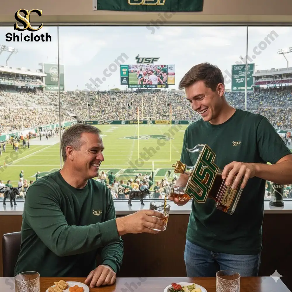 Man pouring whiskey from sports themed bottle at stadium!