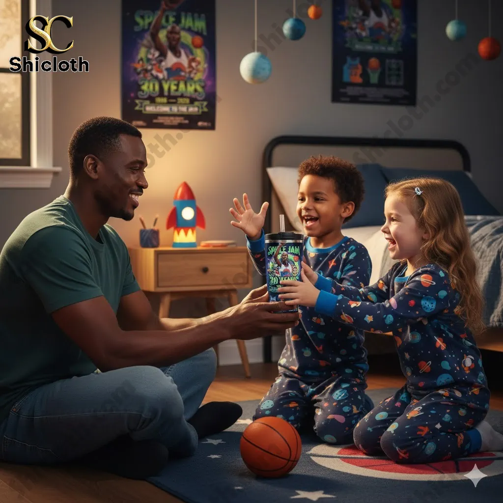 Father giving Space Jam 30 Years tumbler to two children in space themed bedroom.