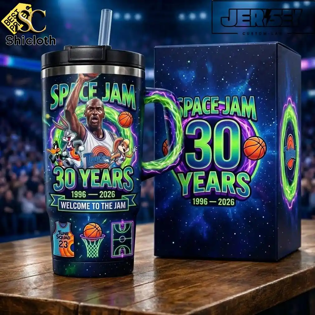 Close up of Space Jam 30 Years tumbler with gift box on basketball court background.
