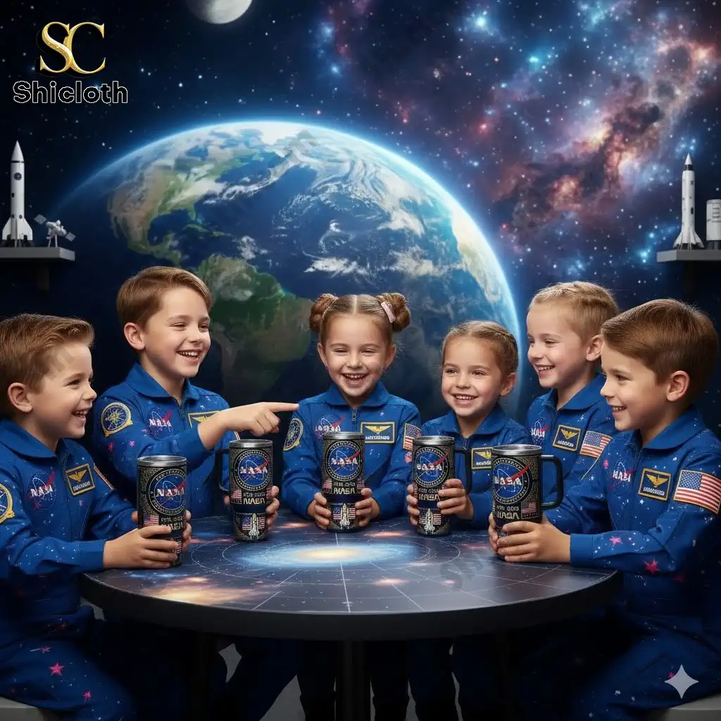 Oregon Ducks 131st Anniversary Tribute Tumbler 39 Kids in NASA astronaut suits sitting around a table holding NASA themed tumblers with Earth in the background.