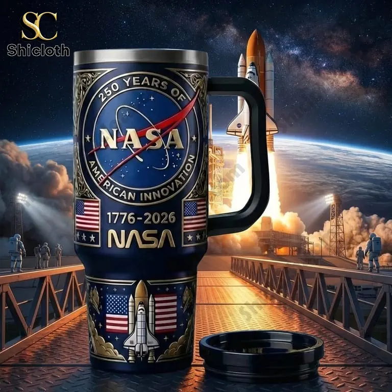 NASA 250 years anniversary tumbler with American flags and a space shuttle launch background.