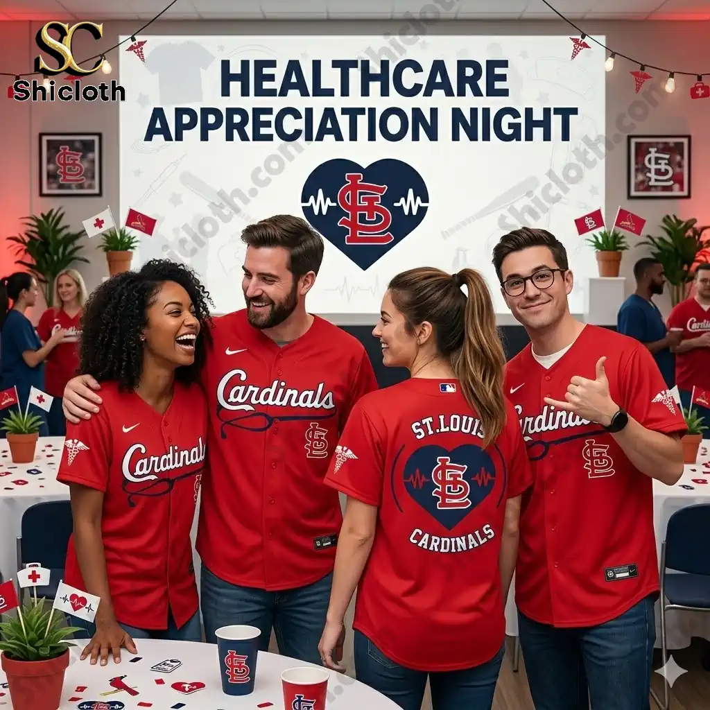Group wearing red Cardinals jerseys at Healthcare Appreciation Night event with heart logo backdrop.