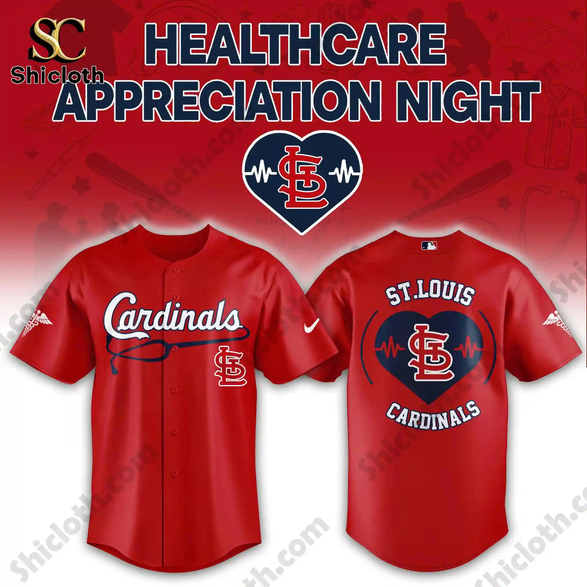 Front and back view of red Cardinals Healthcare Appreciation Night jersey with heart and heartbeat graphic.