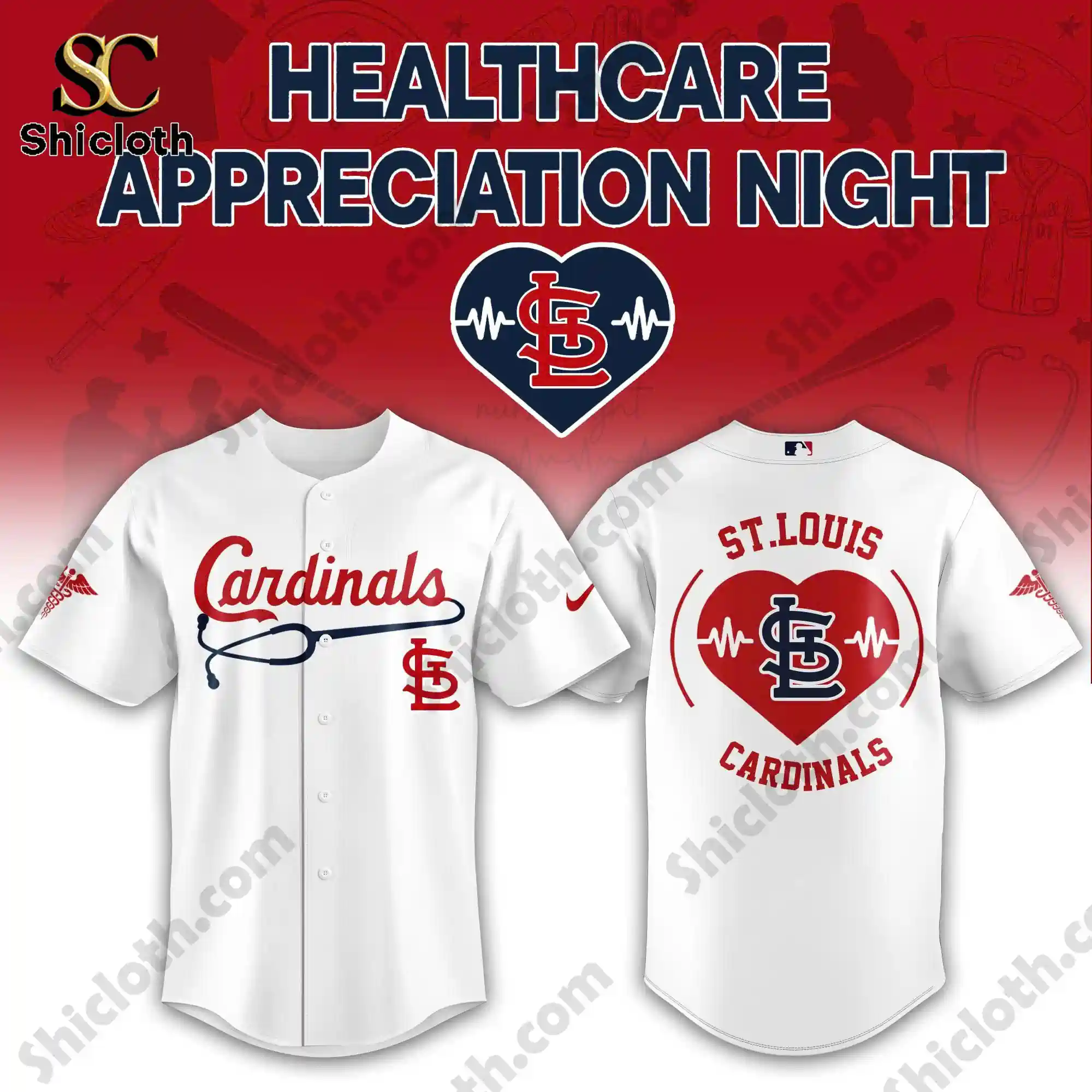 St.Louis Cardinals Healthcare Appreciation Night Limited Edition Jersey 2026 3 Front and back view of white Cardinals Healthcare Appreciation Night jersey with heart and St Louis logo.