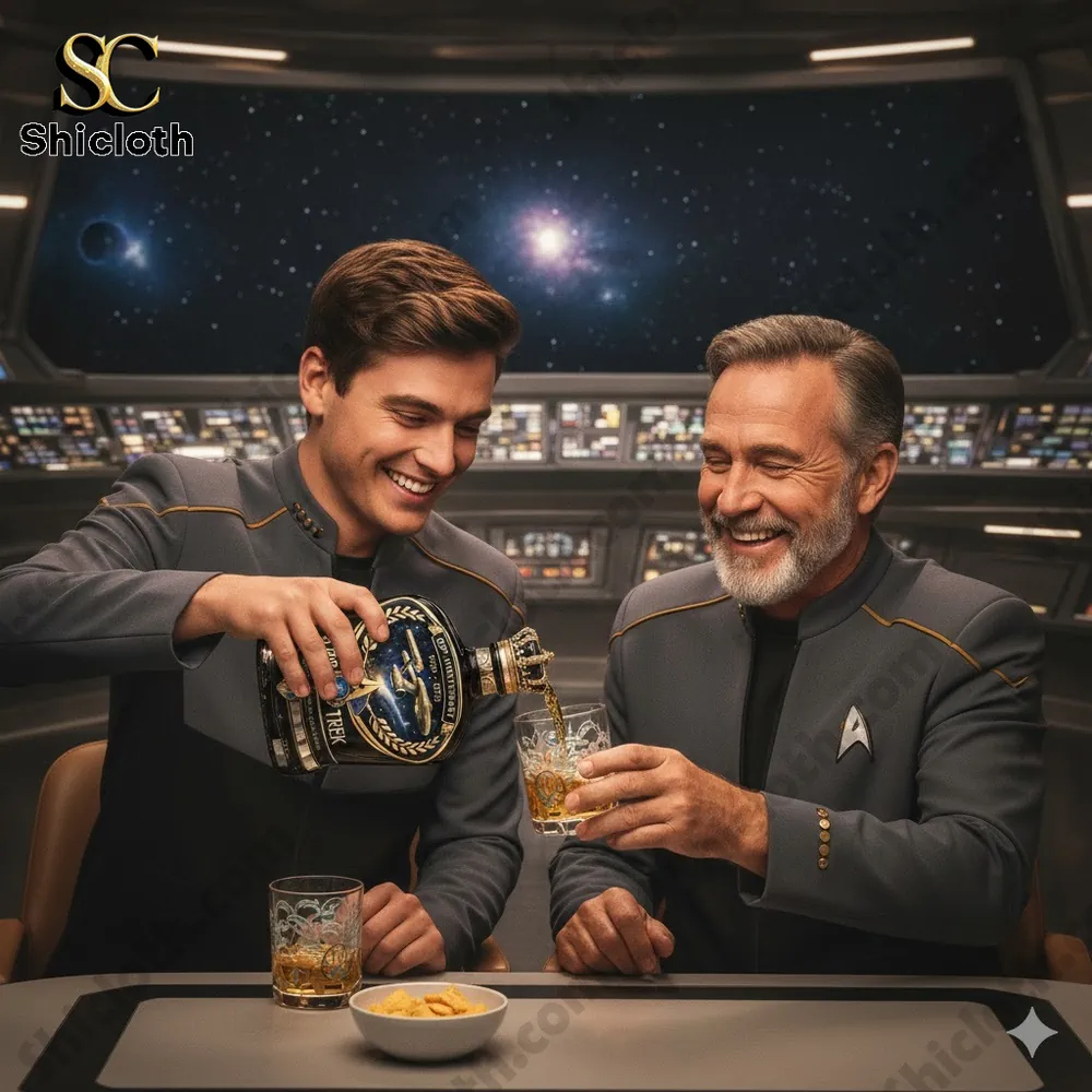 Two men in space uniforms pour whiskey from a themed bottle in a spaceship control room!