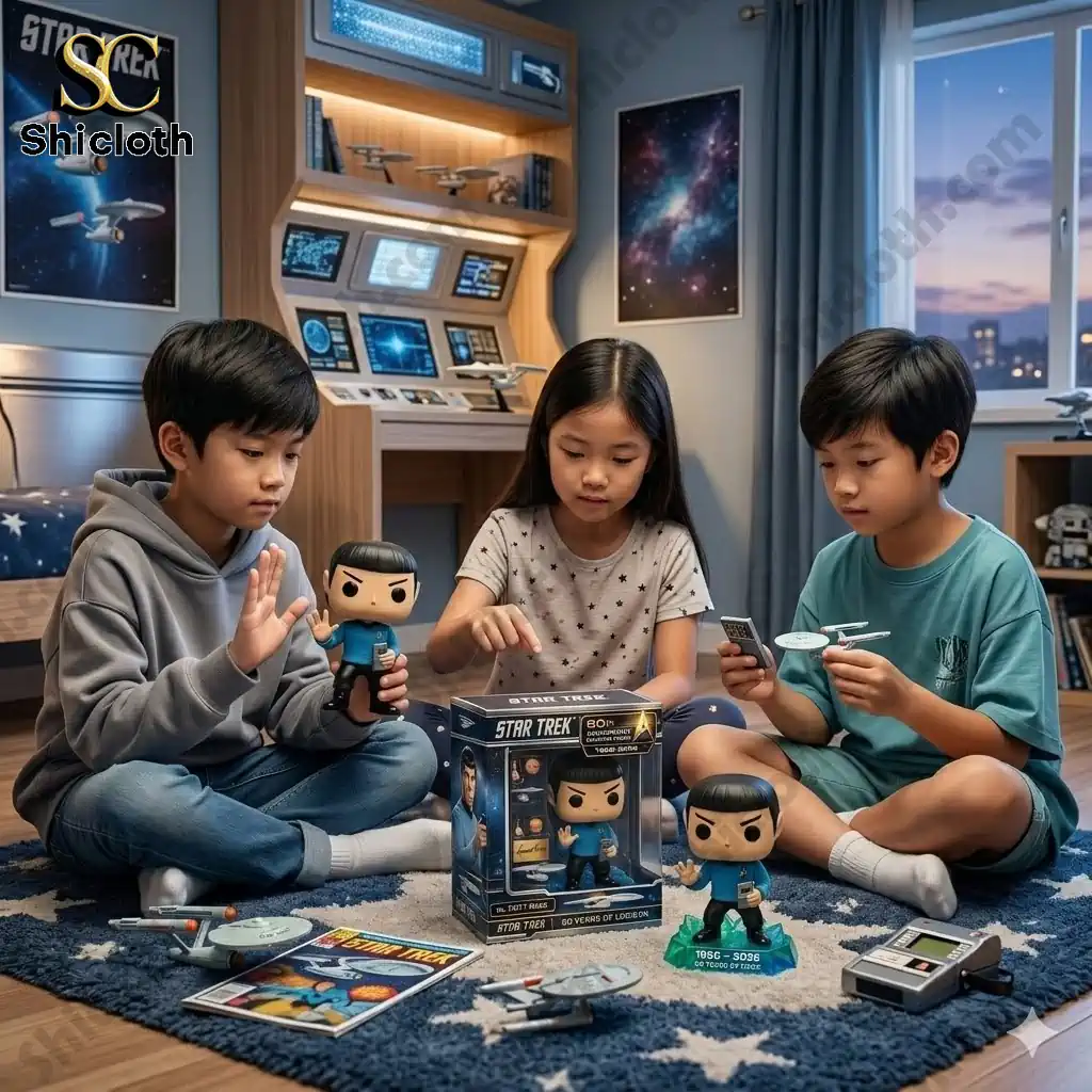Three children playing with Star Trek collectible figures in a space themed bedroom!