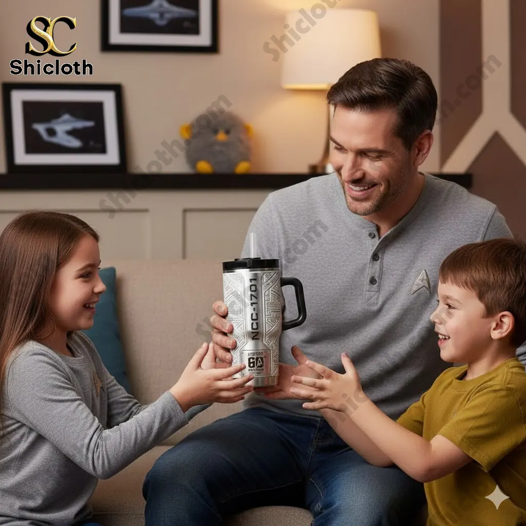 Father smiling with two children holding a Star Trek 60th Anniversary NCC 1701 stainless steel tumbler in a cozy living room