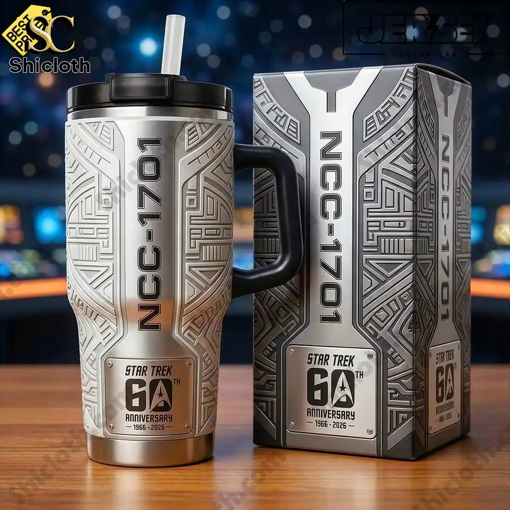Close up of Star Trek 60th Anniversary NCC 1701 stainless steel tumbler with matching collector box by Shicloth