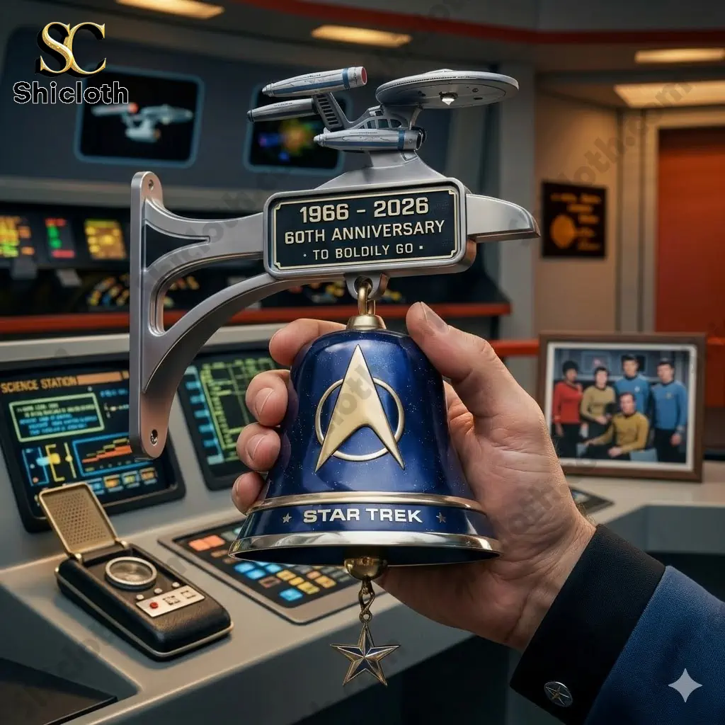 Hand holding Star Trek sixty year anniversary wall bell inside starship control room
