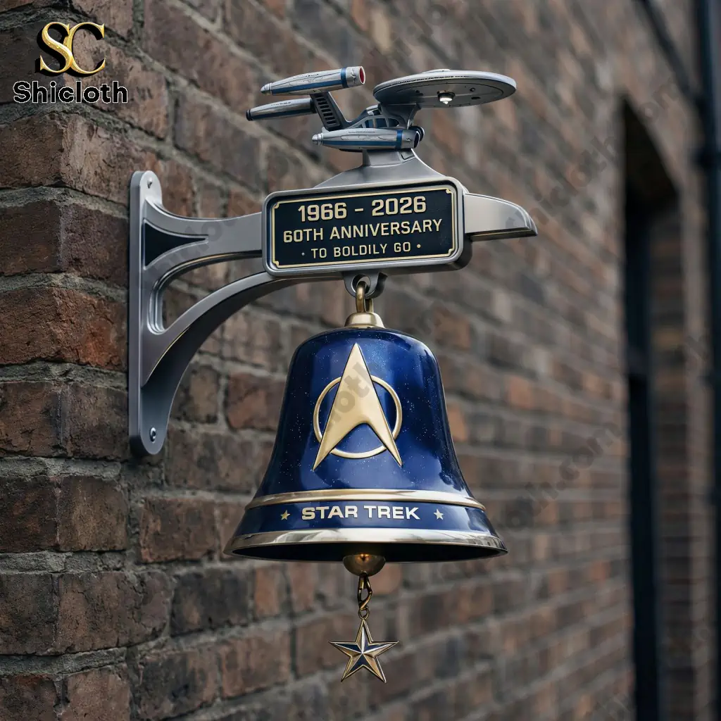 Star Trek sixty year anniversary wall bell mounted on brick wall