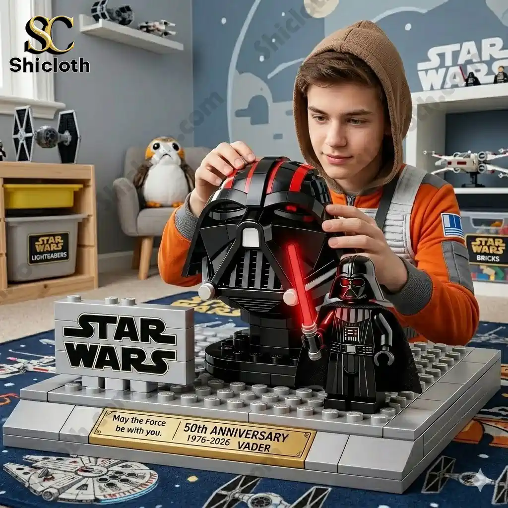Boy assembling Darth Vader brick display set in Star Wars themed bedroom