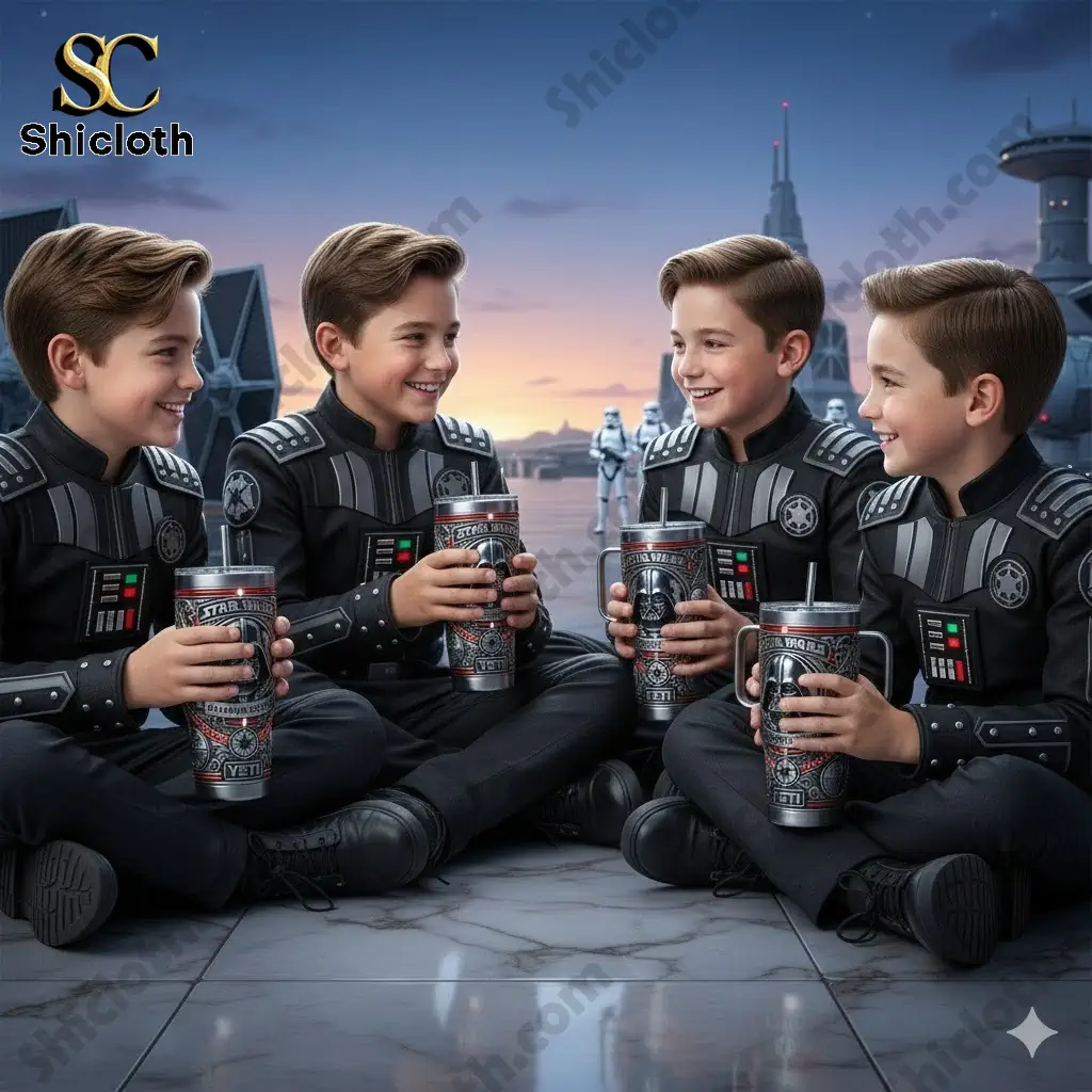Oregon Ducks 131st Anniversary Tribute Tumbler 37 Four boys in matching Galactic Empire uniforms sitting together and holding Star Wars themed tumblers.