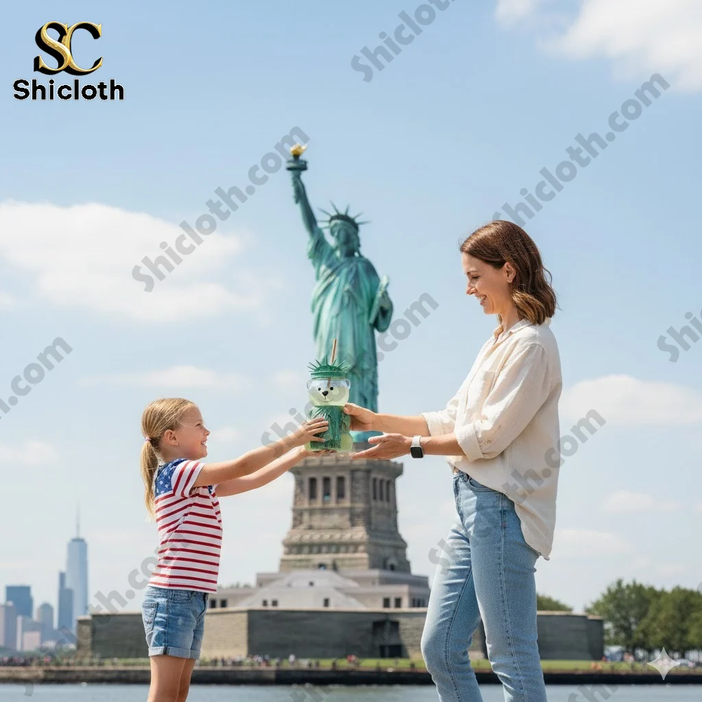 Mother and daughter holding a Statue of Liberty bear cup in front of the Statue of Liberty!