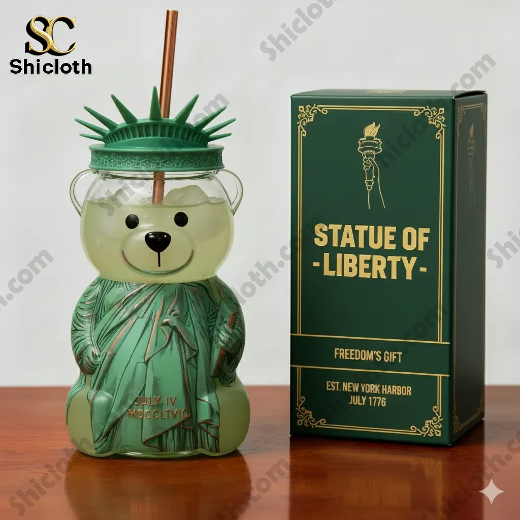 Statue of Liberty bear drinkware cup displayed next to its green gift box!