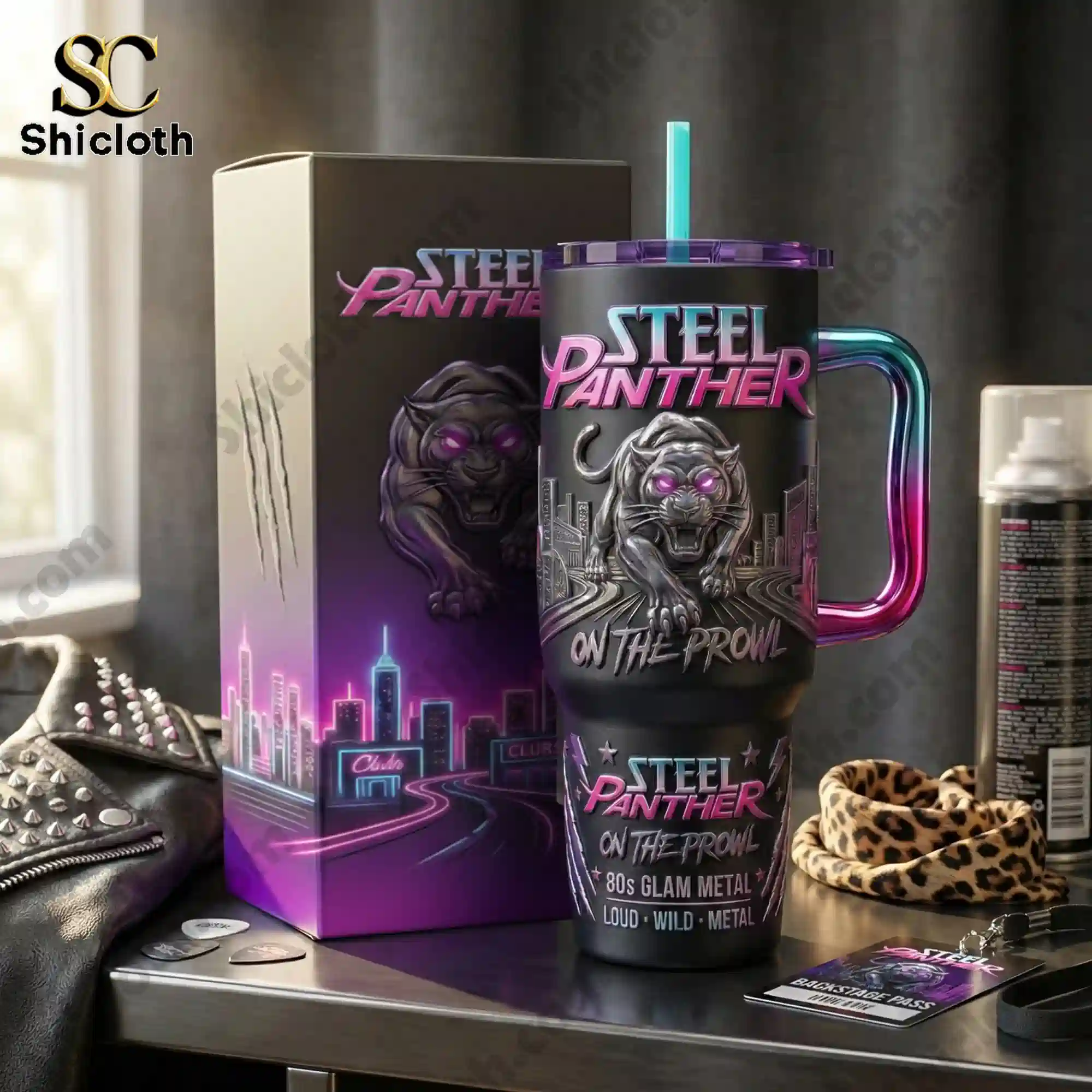 Steel Panther tumbler with handle displayed beside its matching gift box.