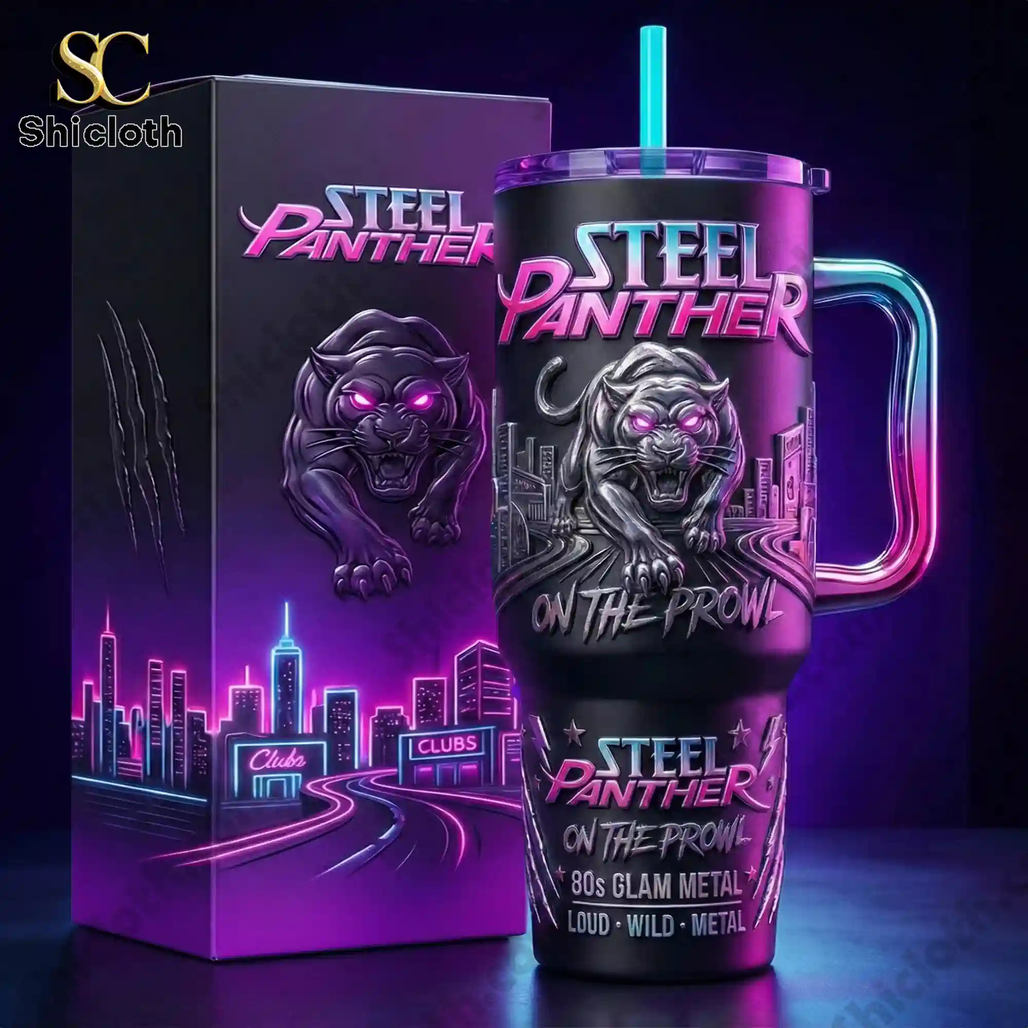 Steel Panther On the Prowl 40oz Tumbler With Handle 3 Steel Panther tumbler with neon handle shown next to its matching box.