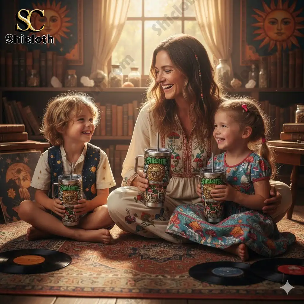 Oregon Ducks 131st Anniversary Tribute Tumbler 31 Mother with two kids sitting on a rug holding Sublime tumblers in a cozy room.