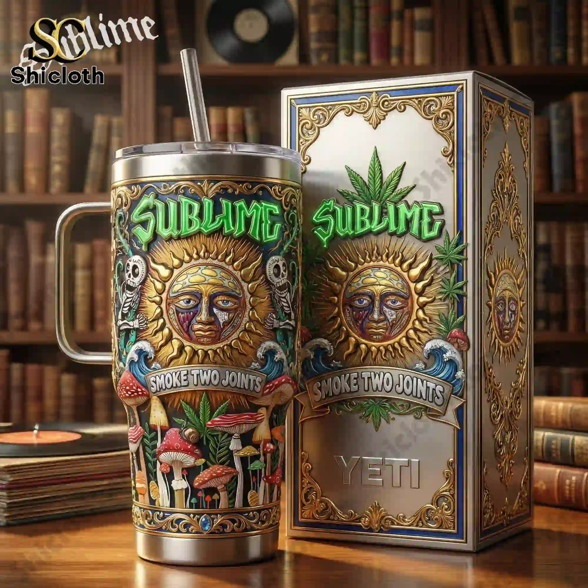 Sublime Smoke Two Joints tumbler with handle shown beside matching product box.