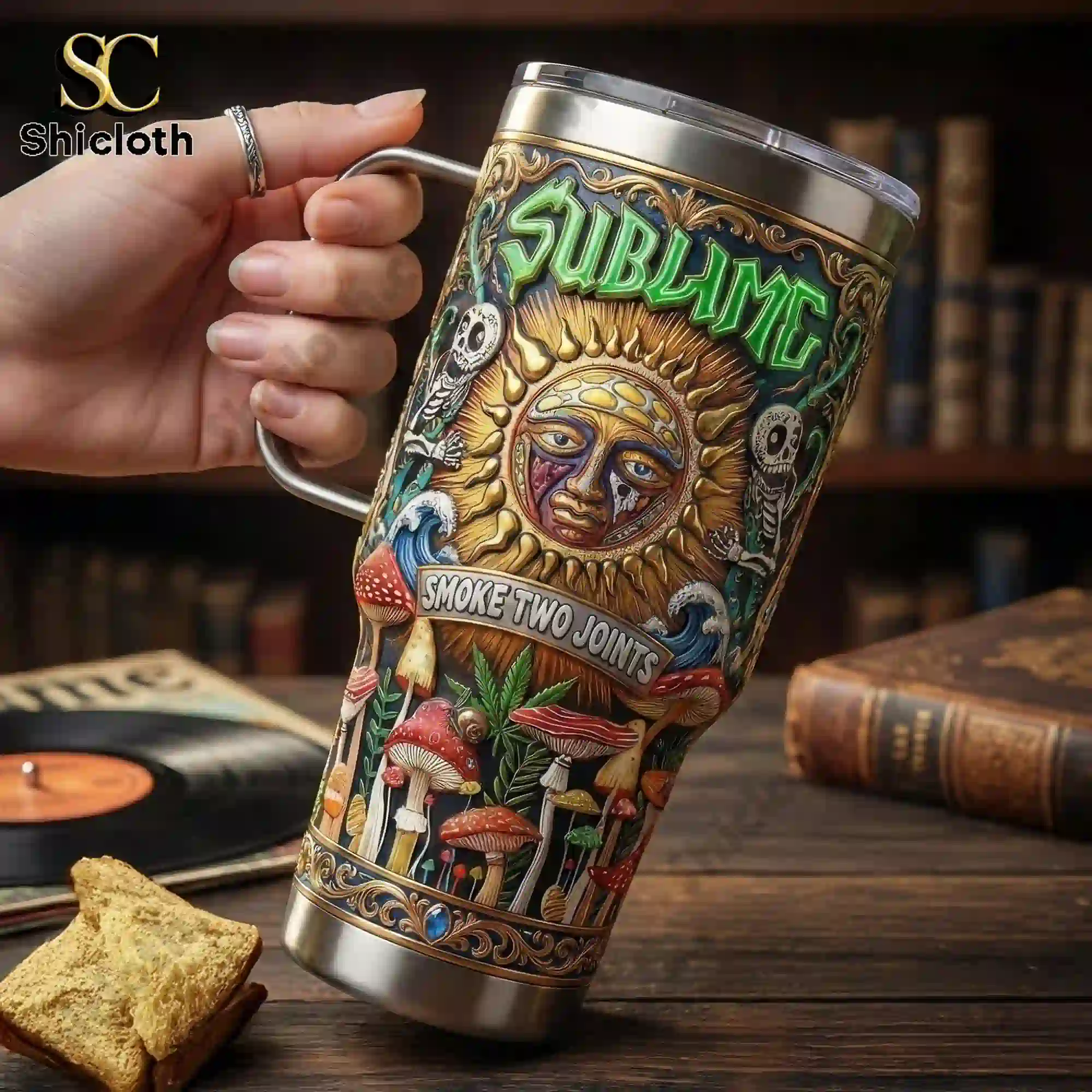 Sublime Smoke Two Joints Tumbler with Handle 3 Hand holding Sublime Smoke Two Joints tumbler with handle on a wooden table.