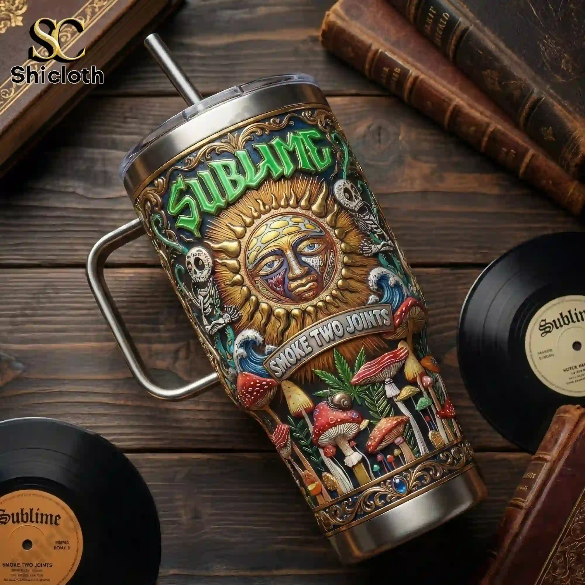 Sublime Smoke Two Joints Tumbler with Handle 4 Sublime Smoke Two Joints tumbler with handle lying on a wooden table near vinyl records.