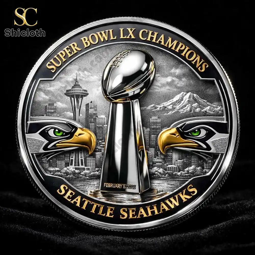 Seattle Seahawks championship coin with trophy and Seattle skyline background!