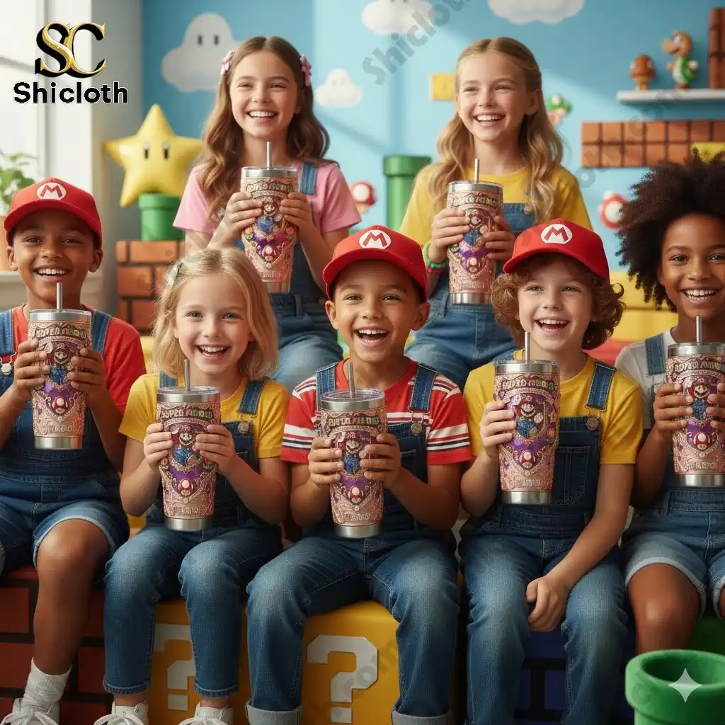 Oregon Ducks 131st Anniversary Tribute Tumbler 27 Kids holding Super Mario themed tumbler cups in a colorful game background.