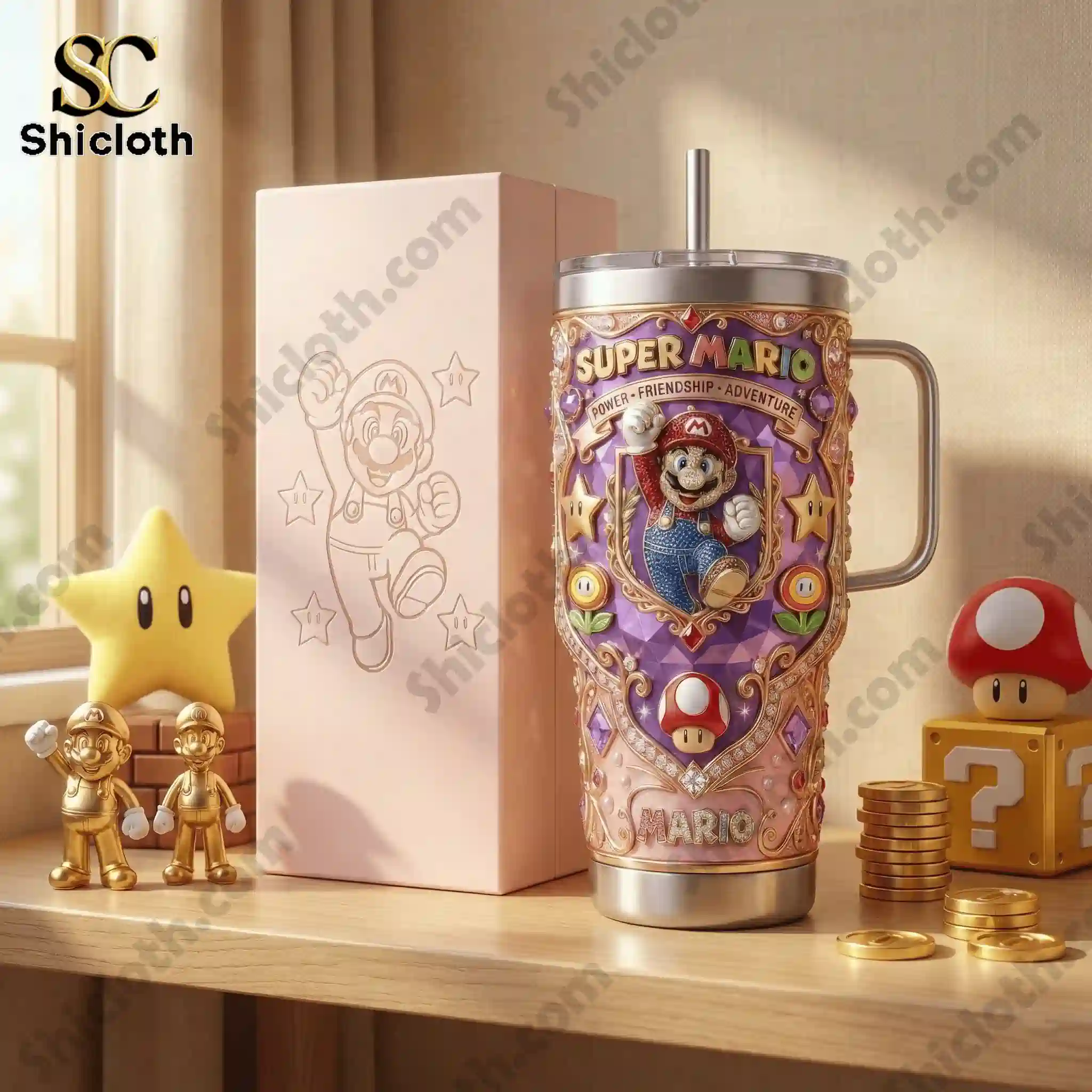 Super Mario themed tumbler with handle next to its gift box on a table.