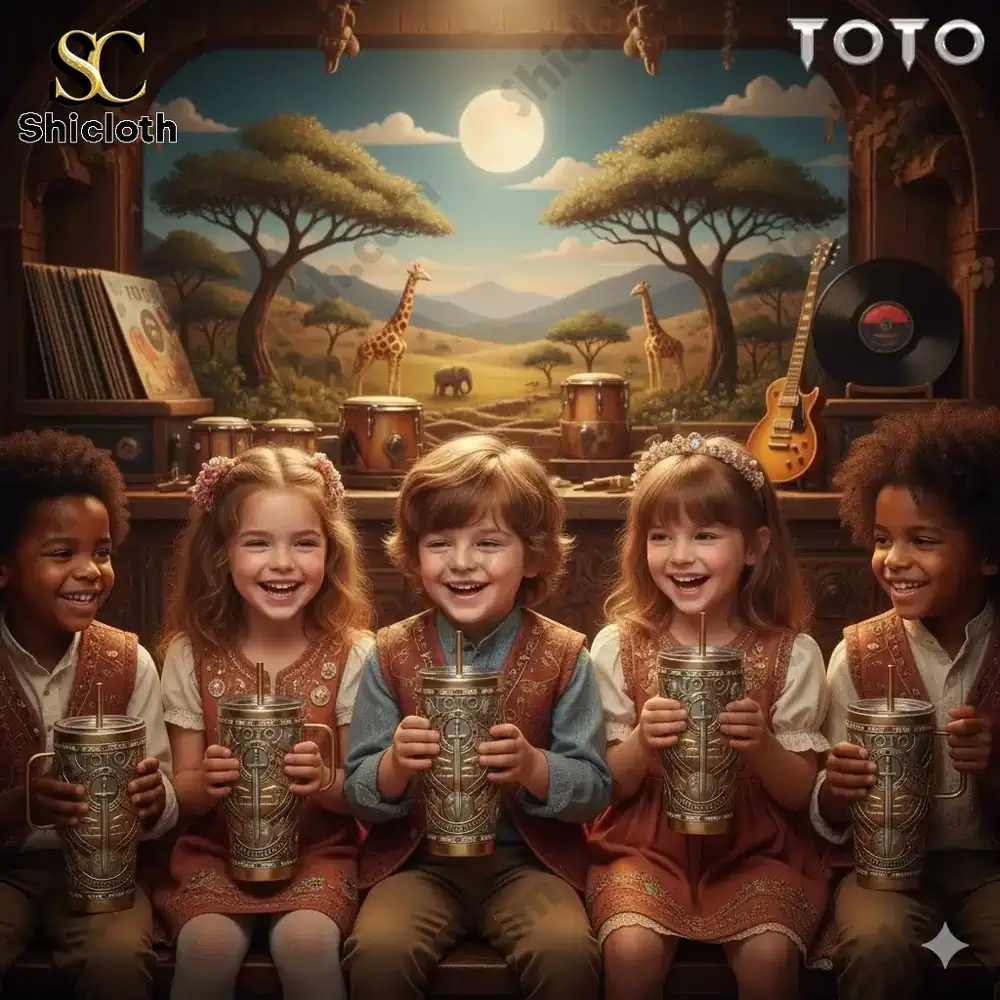 Children smiling while holding TOTO themed tumblers in a warm music studio scene!