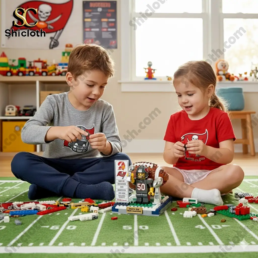 Two children playing with a Tampa Bay Buccaneers 50th Anniversary brick edition set on a football field mat.