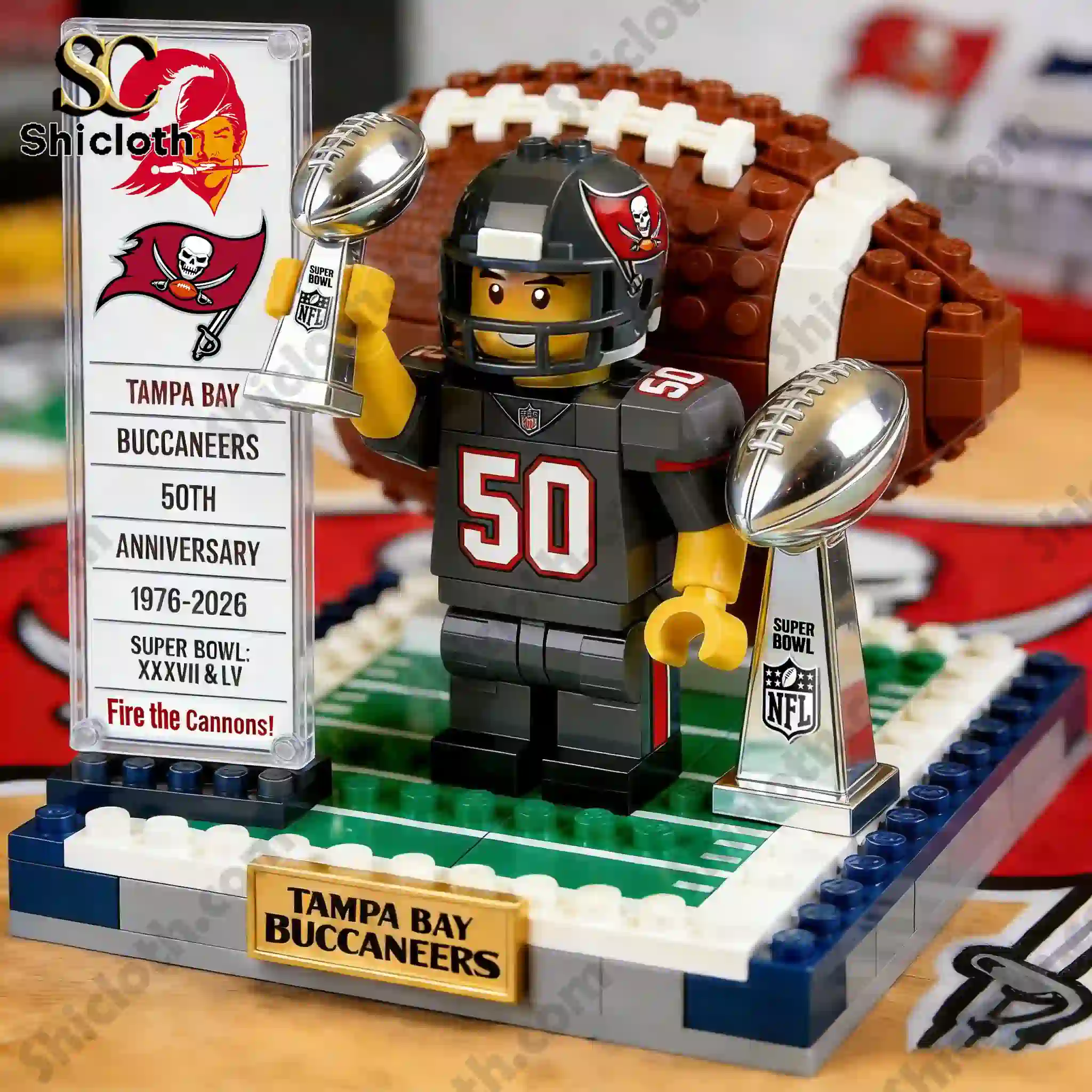 Close up of Tampa Bay Buccaneers 50th Anniversary brick edition player figure with championship trophies and display board.