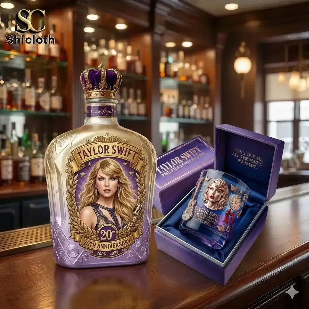 Luxury anniversary themed whiskey bottle with purple crown design on bar counter!