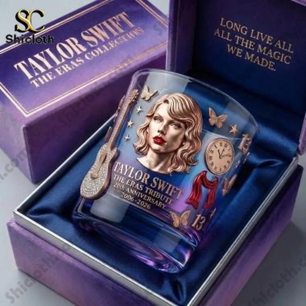 Taylor Swift 20th Anniversary Edition Whiskey Bottle And Glass Combo Set 3 Anniversary themed glass tumbler in luxury purple gift box!