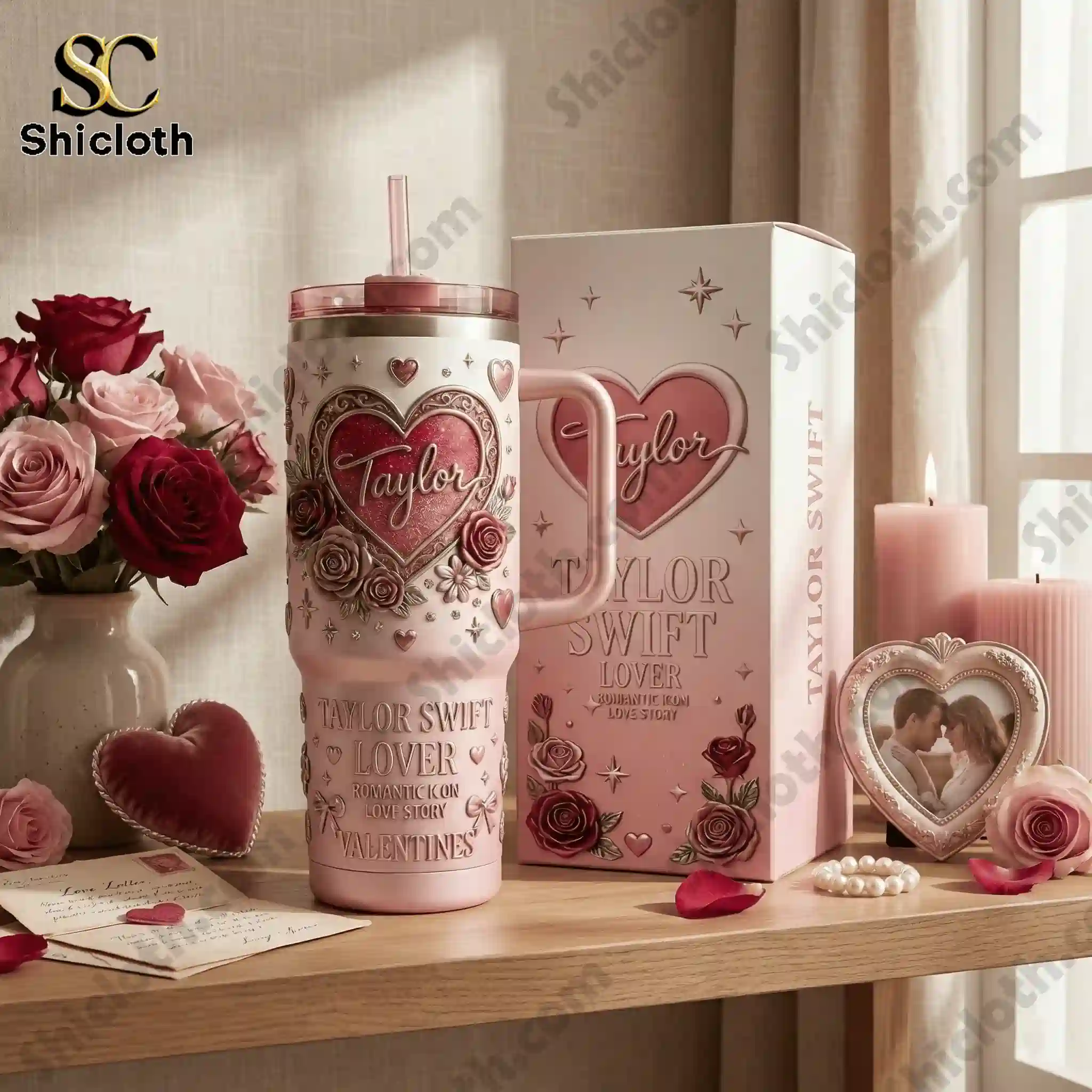 Pink Valentine tumbler with heart design displayed beside matching gift box and roses!