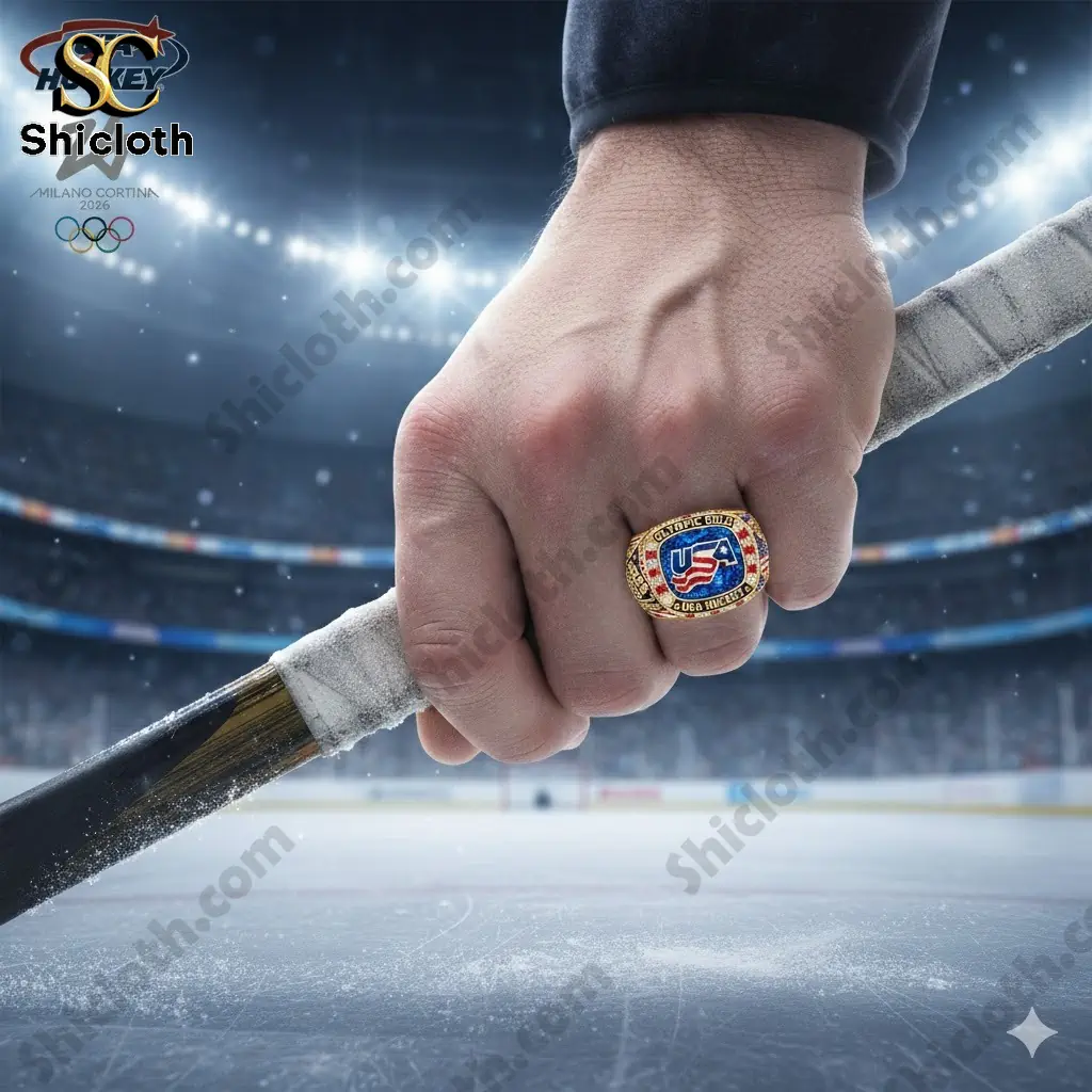 Hand holding hockey stick wearing USA Hockey Olympic Gold Champions 2026 ring on ice rink
