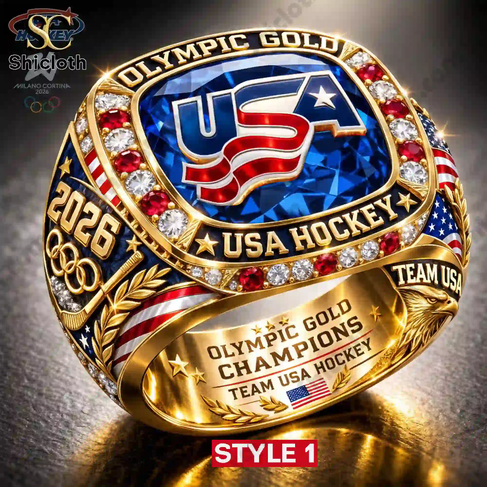 USA Hockey Olympic Gold Champions 2026 championship ring style one with red white blue stones