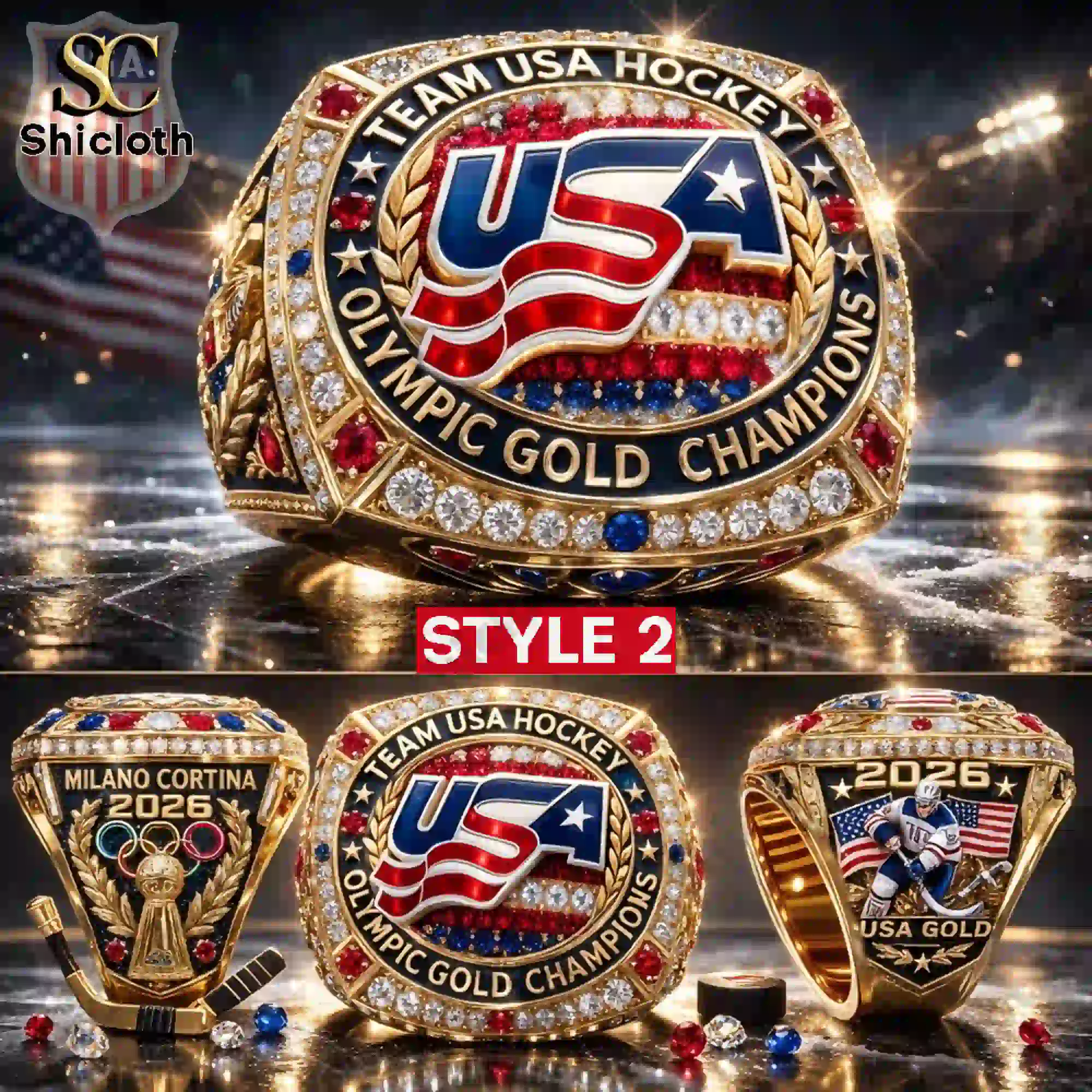 Team USA Hockey Olympic Gold Champions 2026 Milano Cortina Championship Ring 3 USA Hockey Olympic Gold Champions 2026 championship ring style two multiple angles