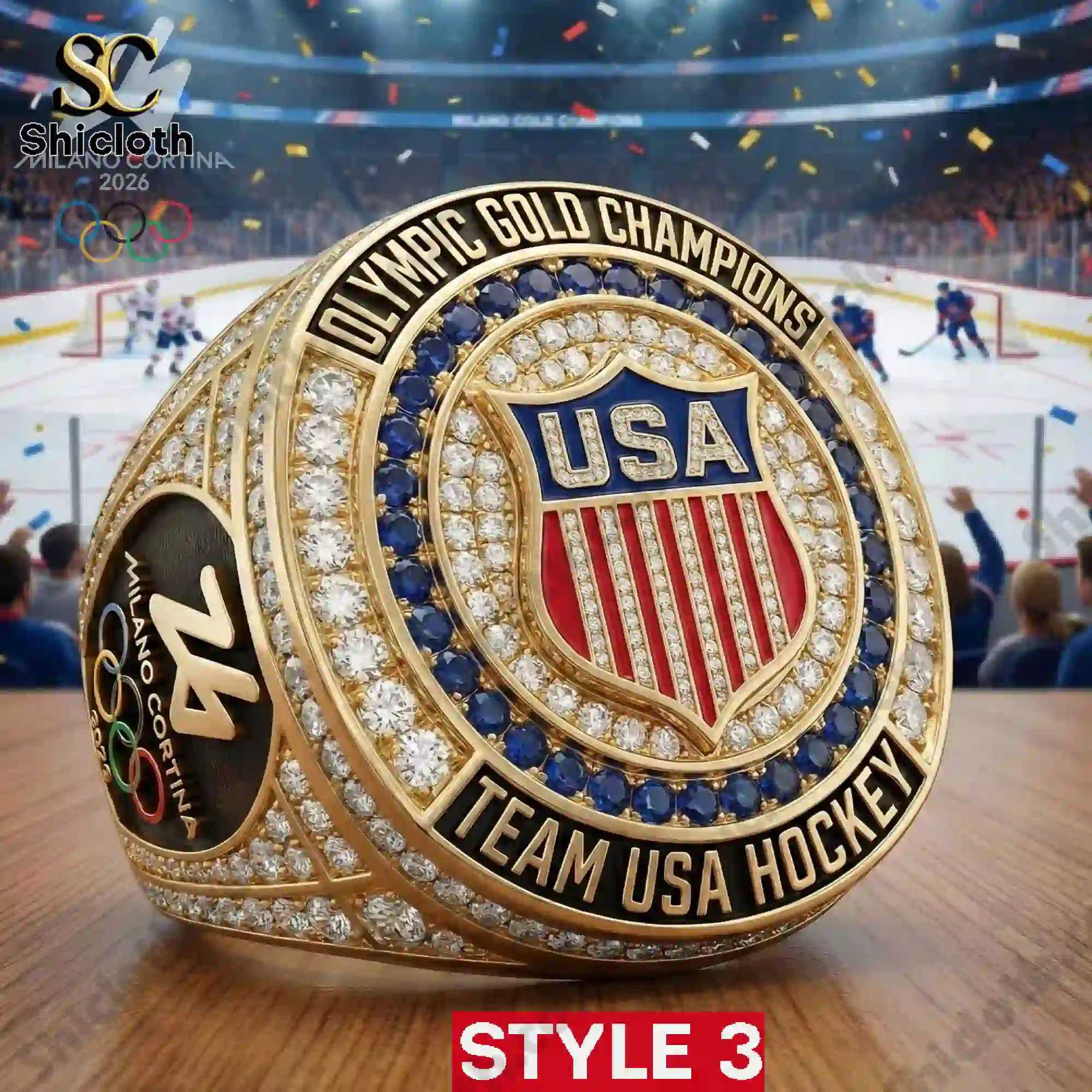 Team USA Hockey Olympic Gold Champions 2026 Milano Cortina Championship Ring 4 USA Hockey Olympic Gold Champions 2026 championship ring style three on stadium background
