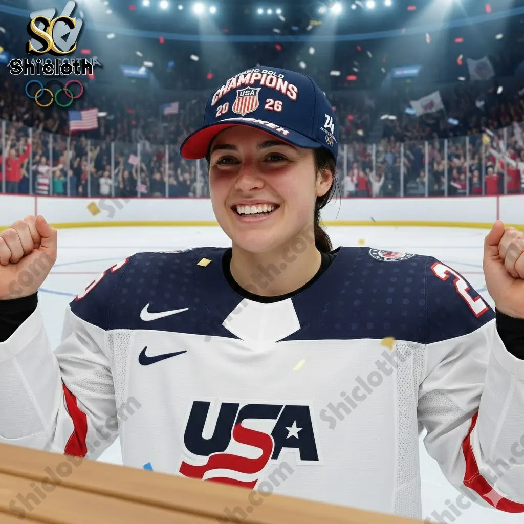 Female USA hockey player celebrating with Olympic gold champions cap in ice arena!
