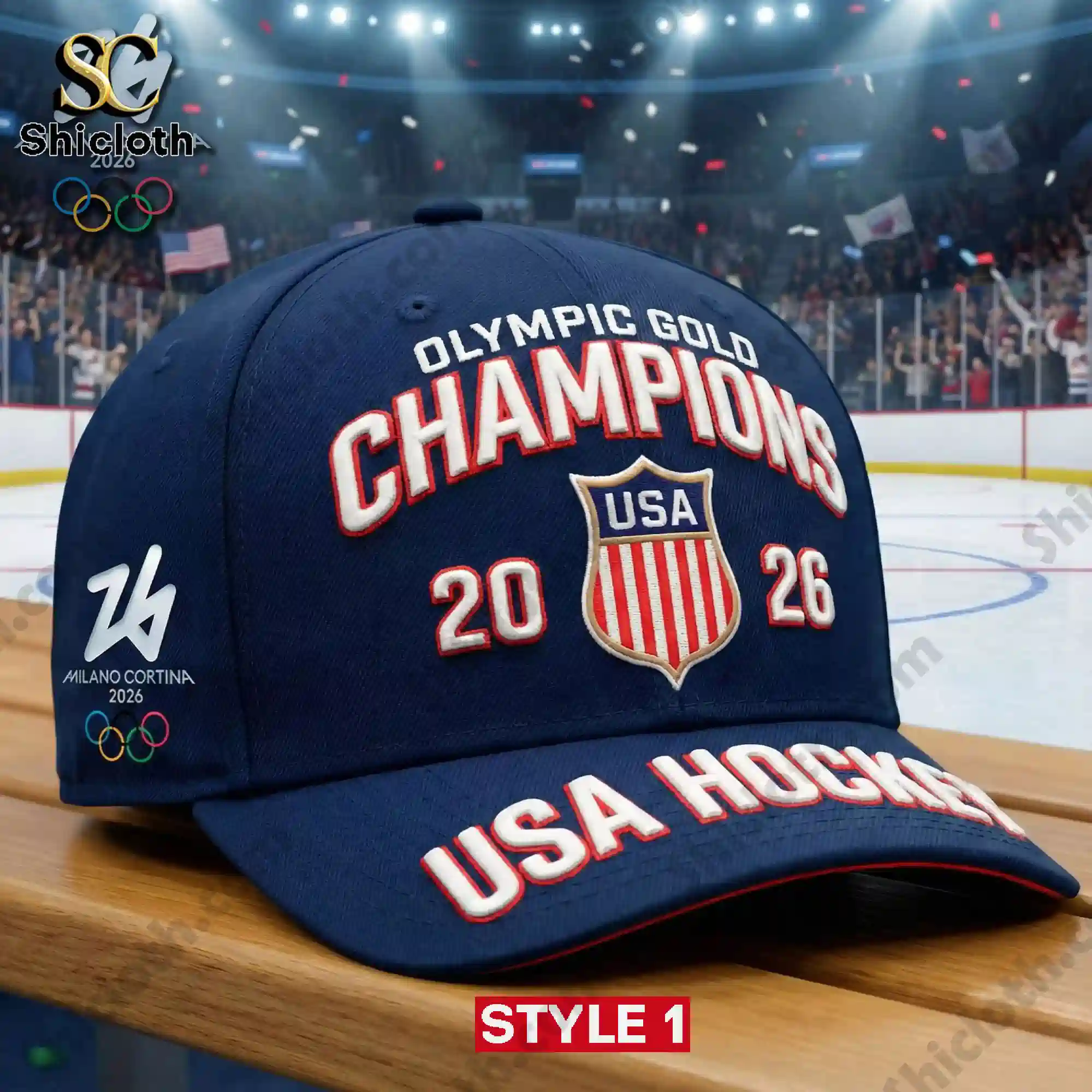 Navy USA Hockey Olympic Gold Champions cap displayed on wooden bench in arena!
