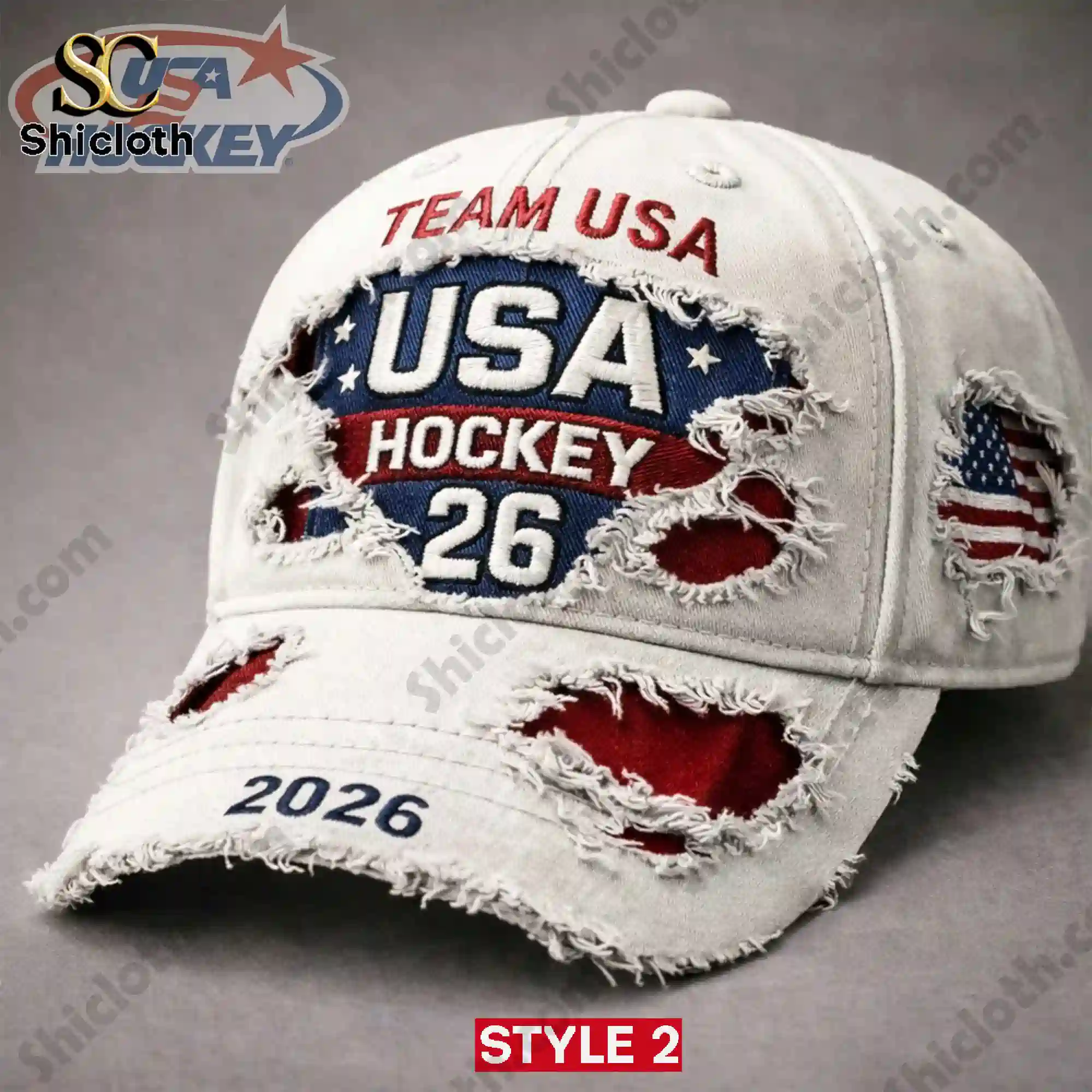 Team Usa Hockey 2026 Olympic Gold Milano Cortina Champions Cap Hat 3 White distressed Team USA Hockey cap with bold embroidered logo!