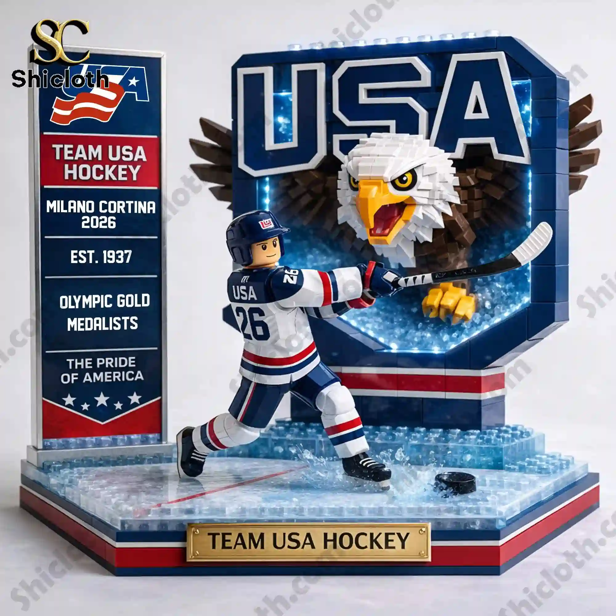 Team USA Hockey player figure with eagle backdrop display model!