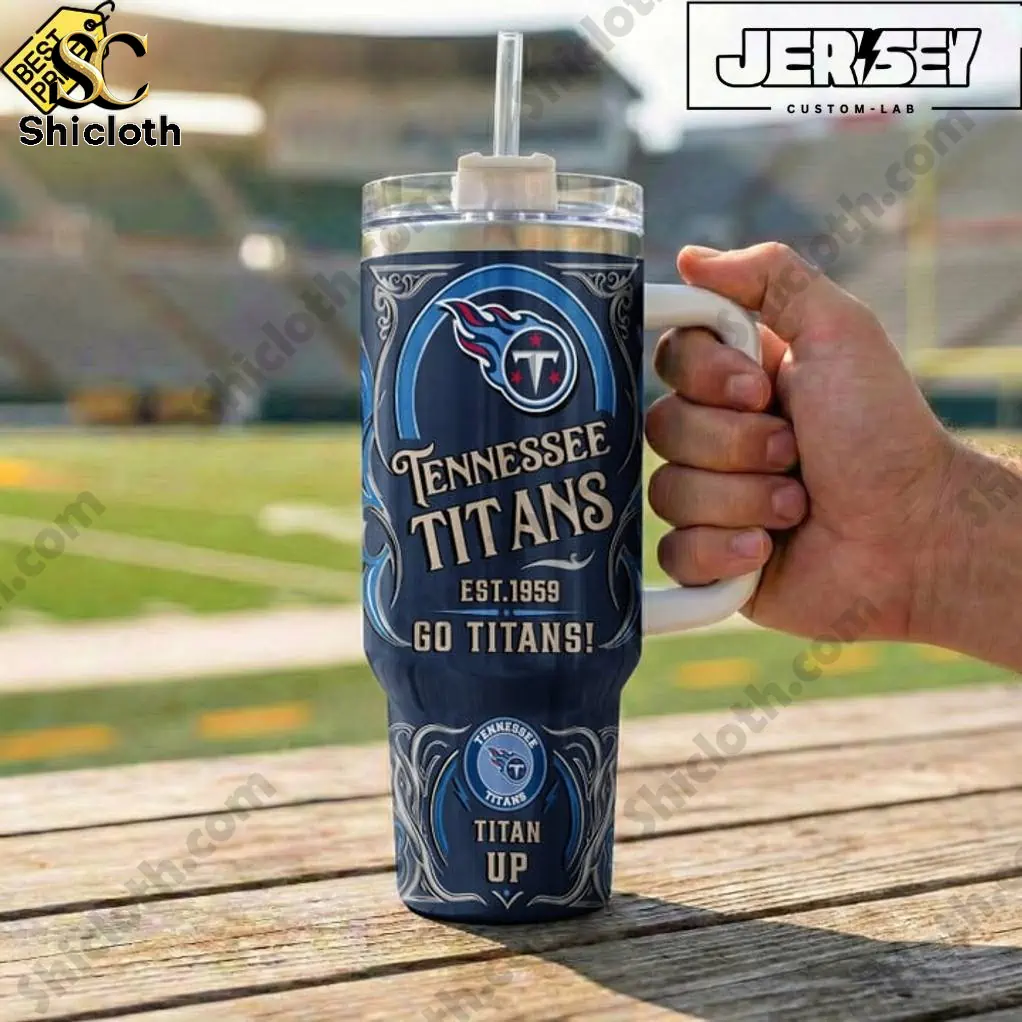 Close up Tennessee Titans Titan Up Special YETI Tumbler at football stadium