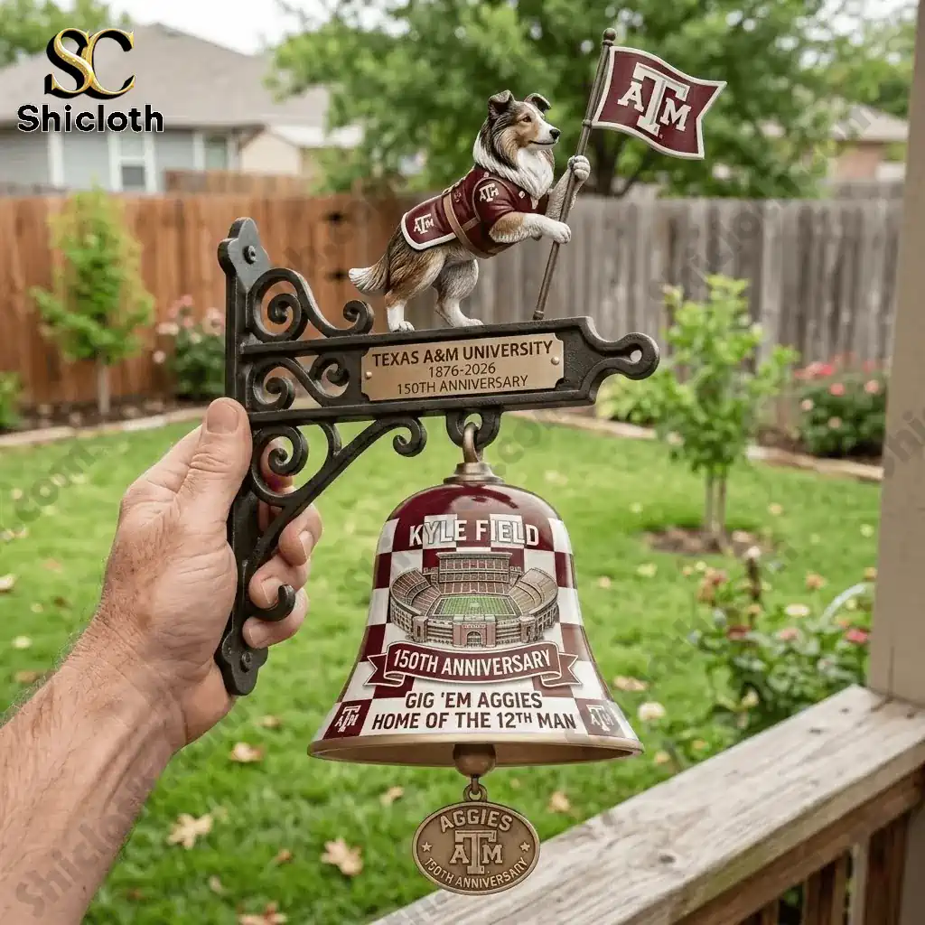 Texas AM commemorative wall bell with dog mascot held in garden setting!