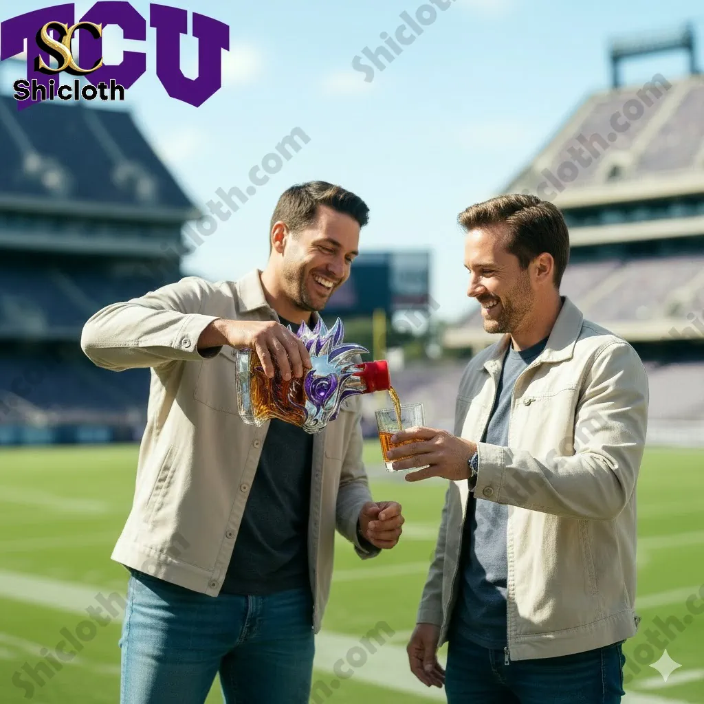 Two men pour whiskey from a purple dragon bottle at a football stadium!